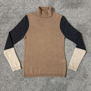 Morgan Taylor Cashmere Sweater Womens Small Turtleneck Colorblock Tan Gray Beige